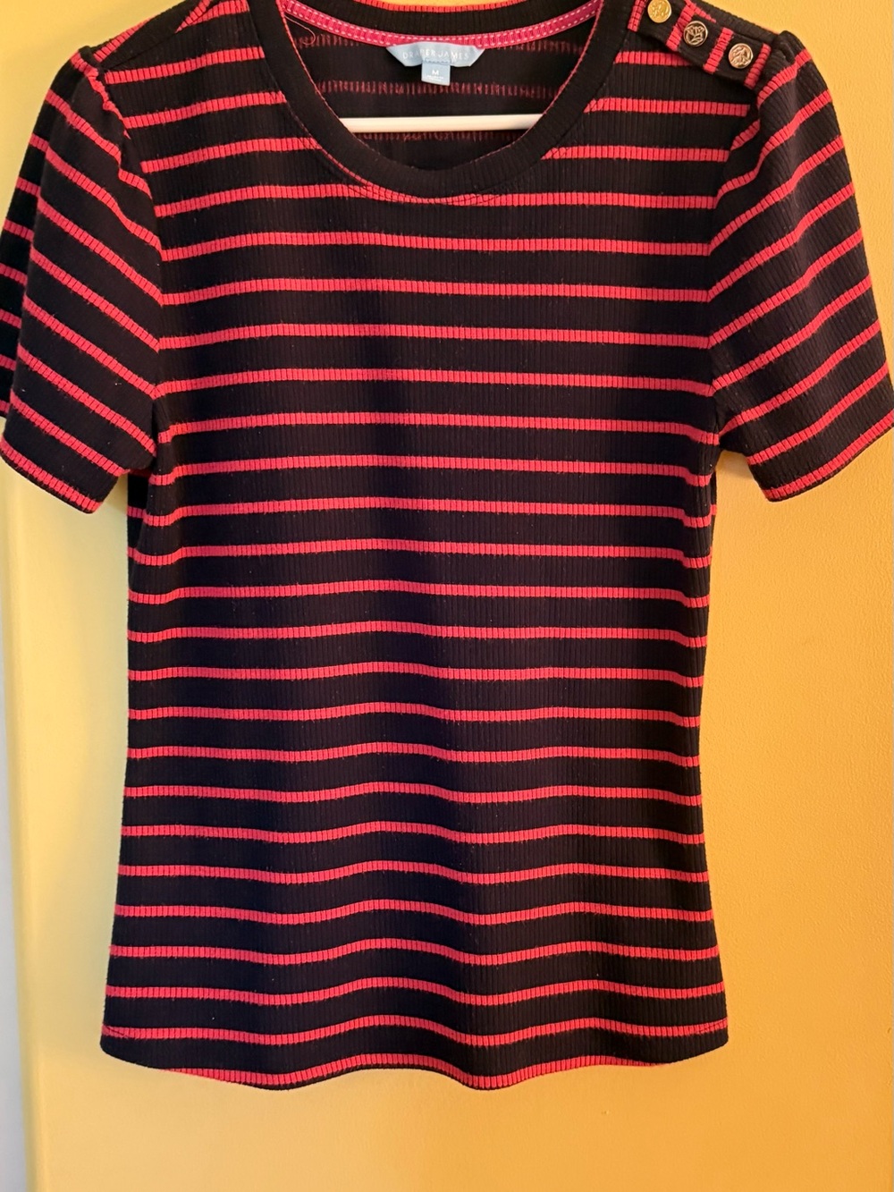 Draper James Black and Red Striped Short-Sleeve Top with Gold Buttons